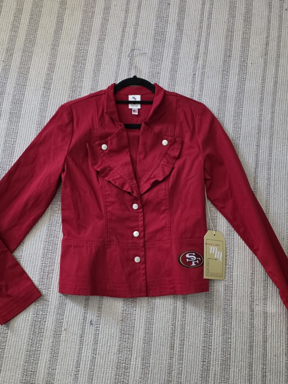 San Francisco 49ers Women's Red Ruffle-Trim Blazer Jacket with Team Patch